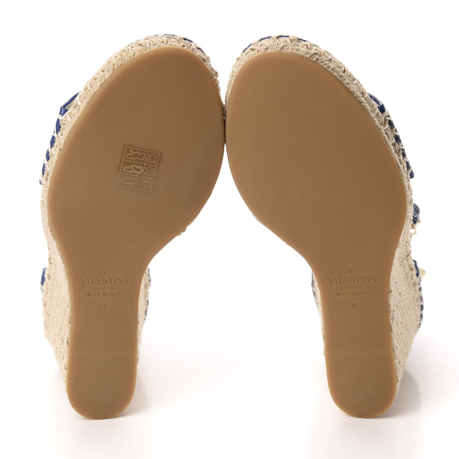 Valentino Garavani Grained Calfskin Rockstud Ankle Strap Espadrille 15/105mm Wedge Sandals 38 Blu Delft Natural 6 of 10