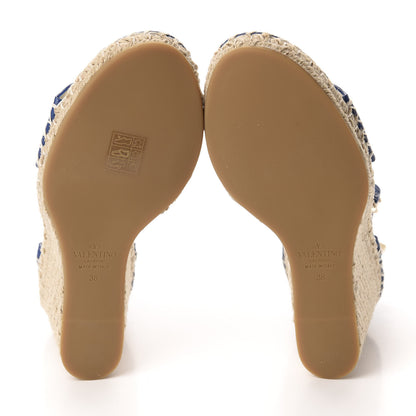 Valentino Garavani Grained Calfskin Rockstud Ankle Strap Espadrille 15/105mm Wedge Sandals 38 Blu Delft Natural 6 of 10