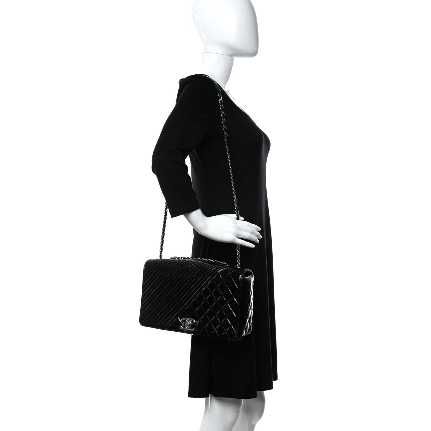 Patent Diagonal Quilted Flap Black