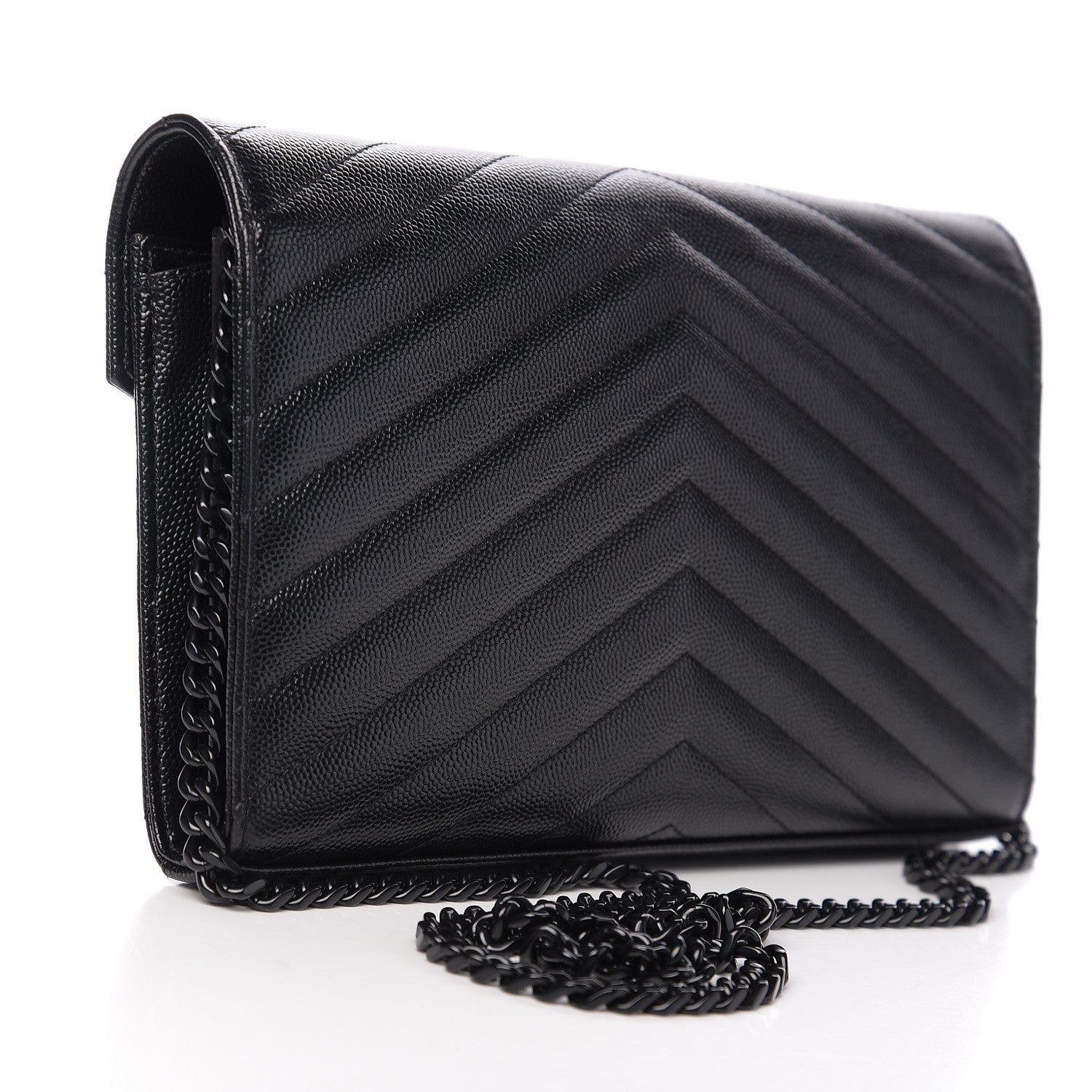 Saint Laurent Grain De Poudre Matelasse Chevron Monogram Chain Wallet Black 2 of 8