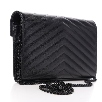 Saint Laurent Grain De Poudre Matelasse Chevron Monogram Chain Wallet Black 2 of 8