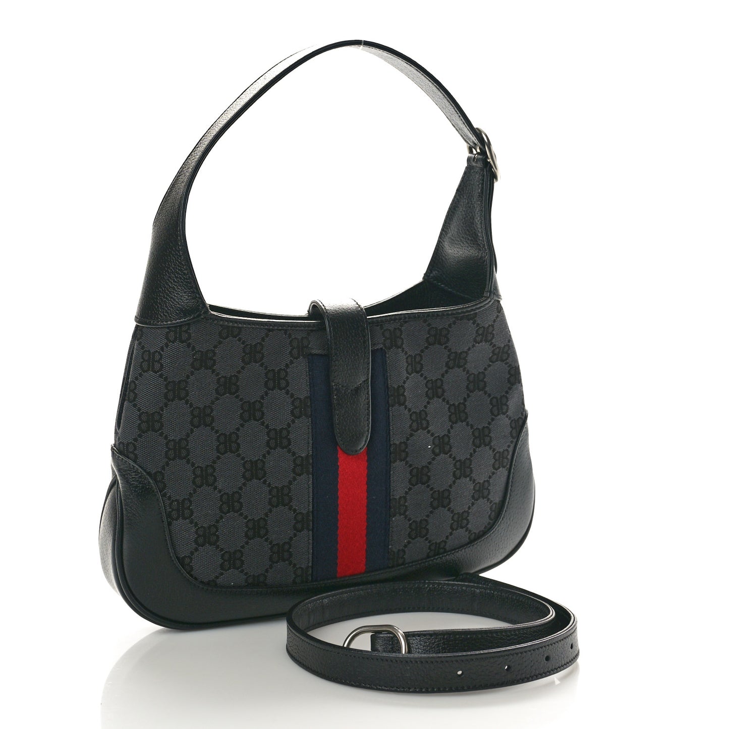X BALENCIAGA BB Monogram Calfskin Web Small Jackie 1961 Hobo Black