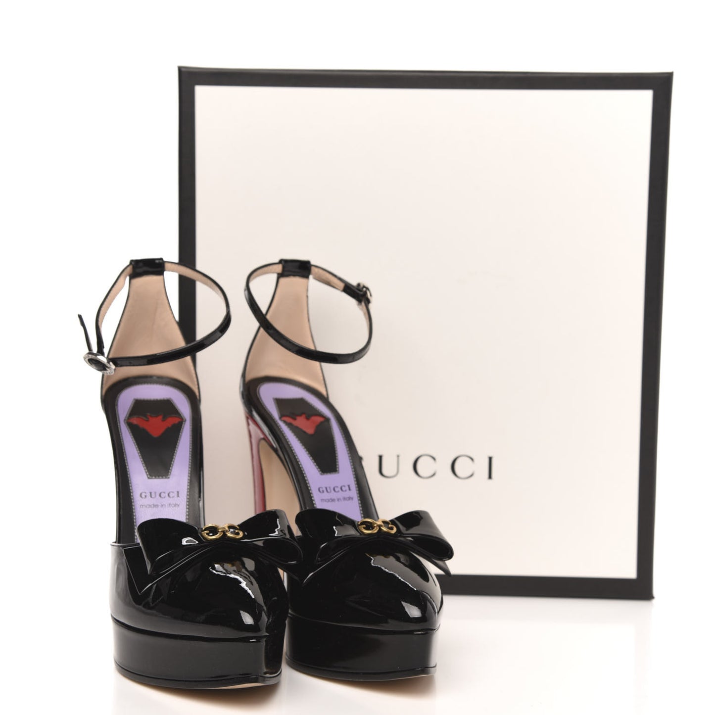 Patent Crystal GG Bow Sadie Spike Ankle Strap d'Orsay Platform High Heel Pumps 37.5 Black