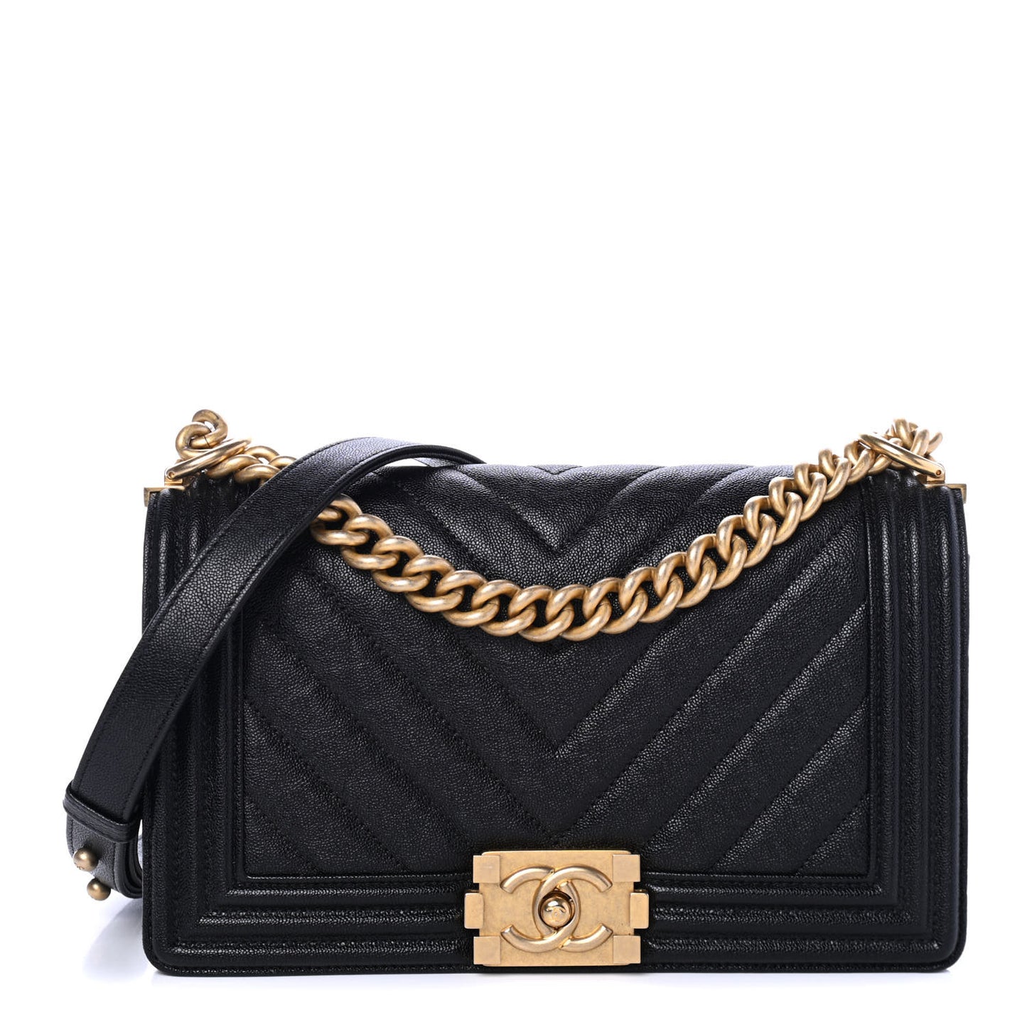 Caviar Chevron Quilted Medium Boy Flap Black