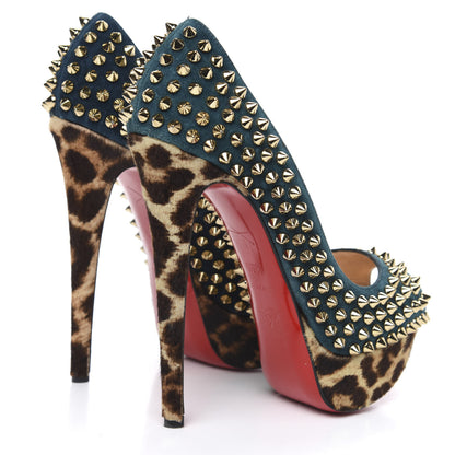Christian Louboutin Veau Velours Calf Hair Leopard Lady Peep Spikes VIP 150 Pumps 35.5 Blue Khol Bronze 4 of 10
