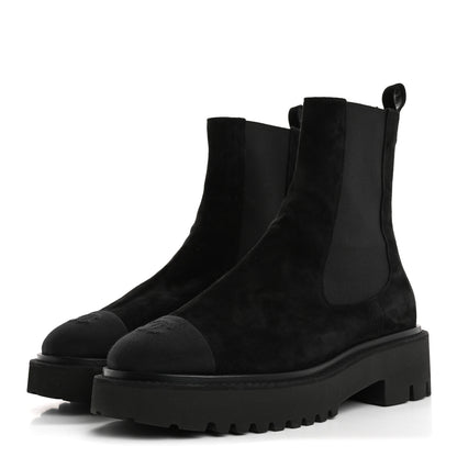Chanel Suede Calfskin Grossgrain Cap Toe CC Ankle Boots 40 Black 4 of 15