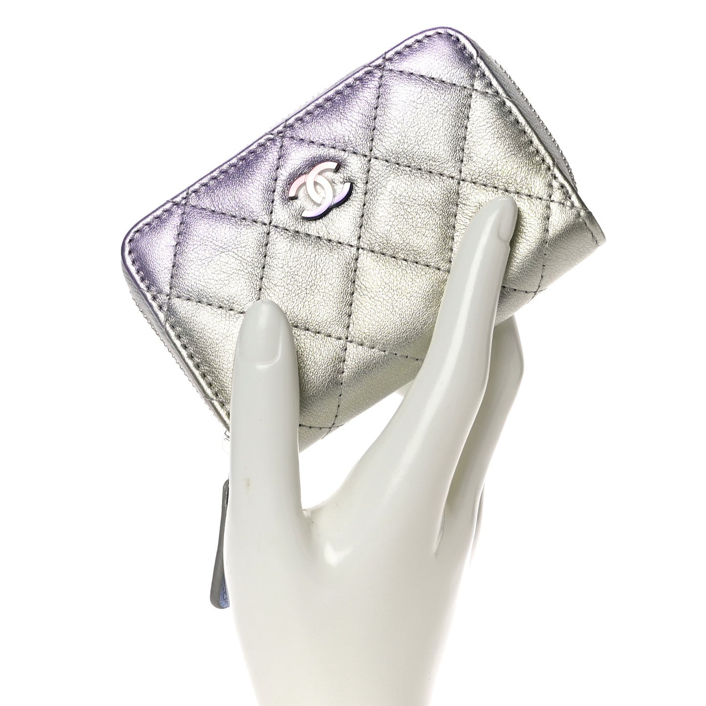 Gradient Metallic Calfskin Quilted Zip Around Coin Purse Wallet Silver Blue Yellow Purple