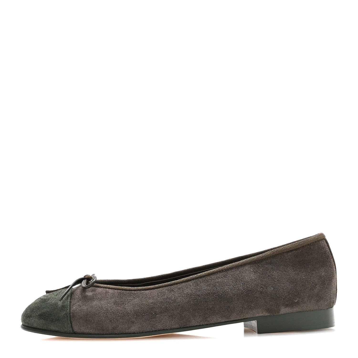 Chanel Suede Calfskin Cap Toe CC Ballerina Flats 37.5 Dark Khaki Dark Green 1 of 9