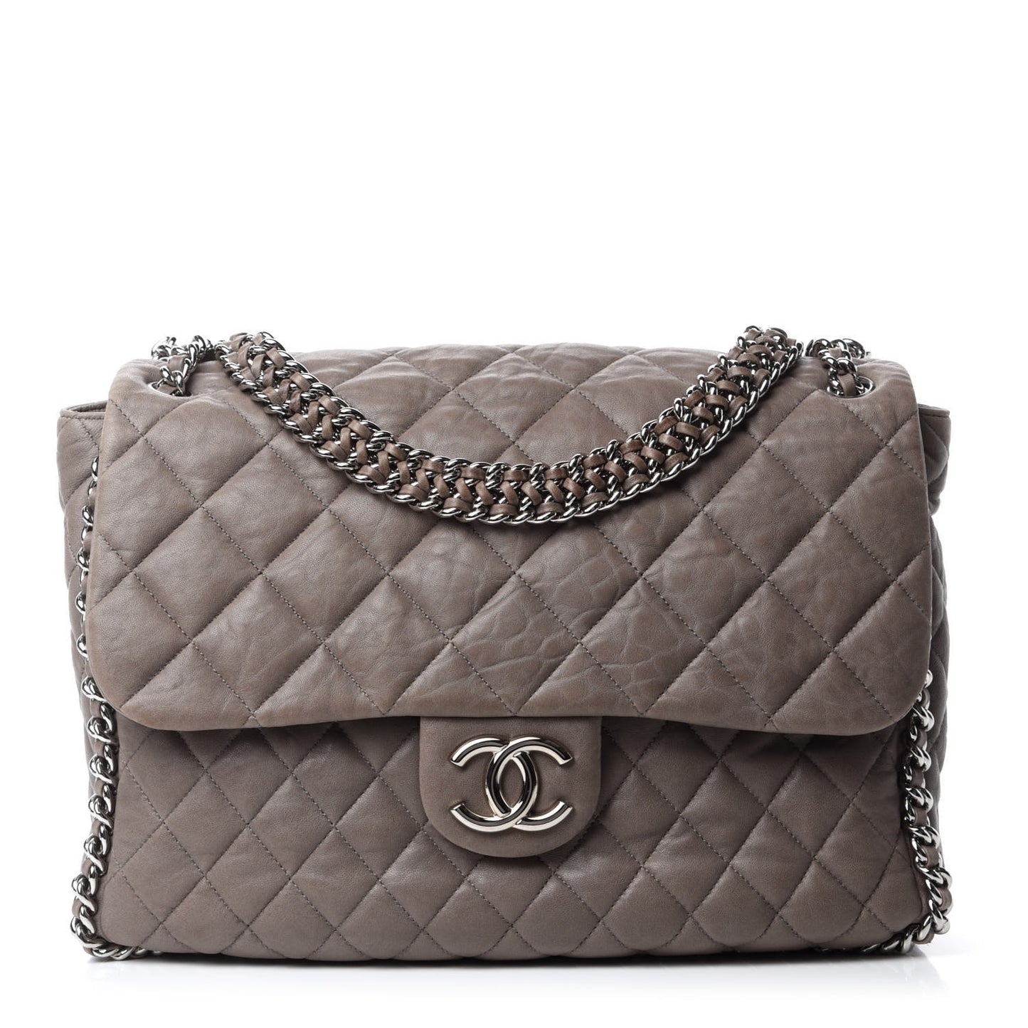 Washed Lambskin Quilted Chain Around Maxi Flap Taupe