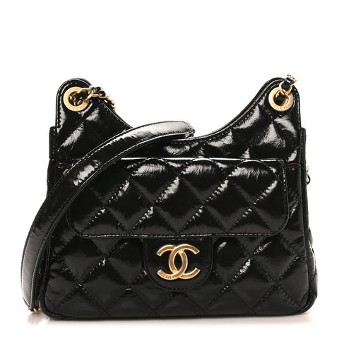 Shiny Crumpled Calfskin Quilted Small Wavy CC Hobo Black
