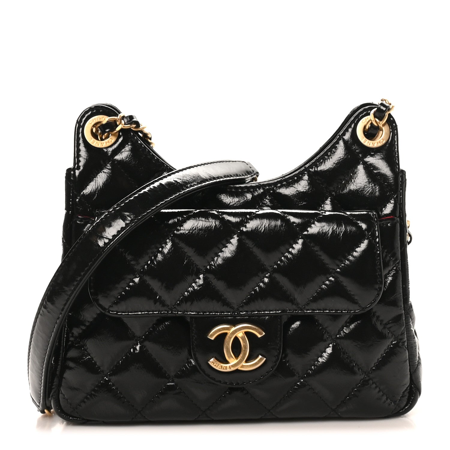 Chanel Shiny Crumpled Calfskin Quilted Small Wavy CC Hobo Black 1 of 10