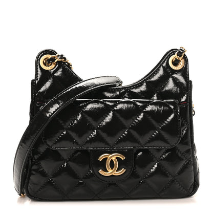 Chanel Shiny Crumpled Calfskin Quilted Small Wavy CC Hobo Black 1 of 10