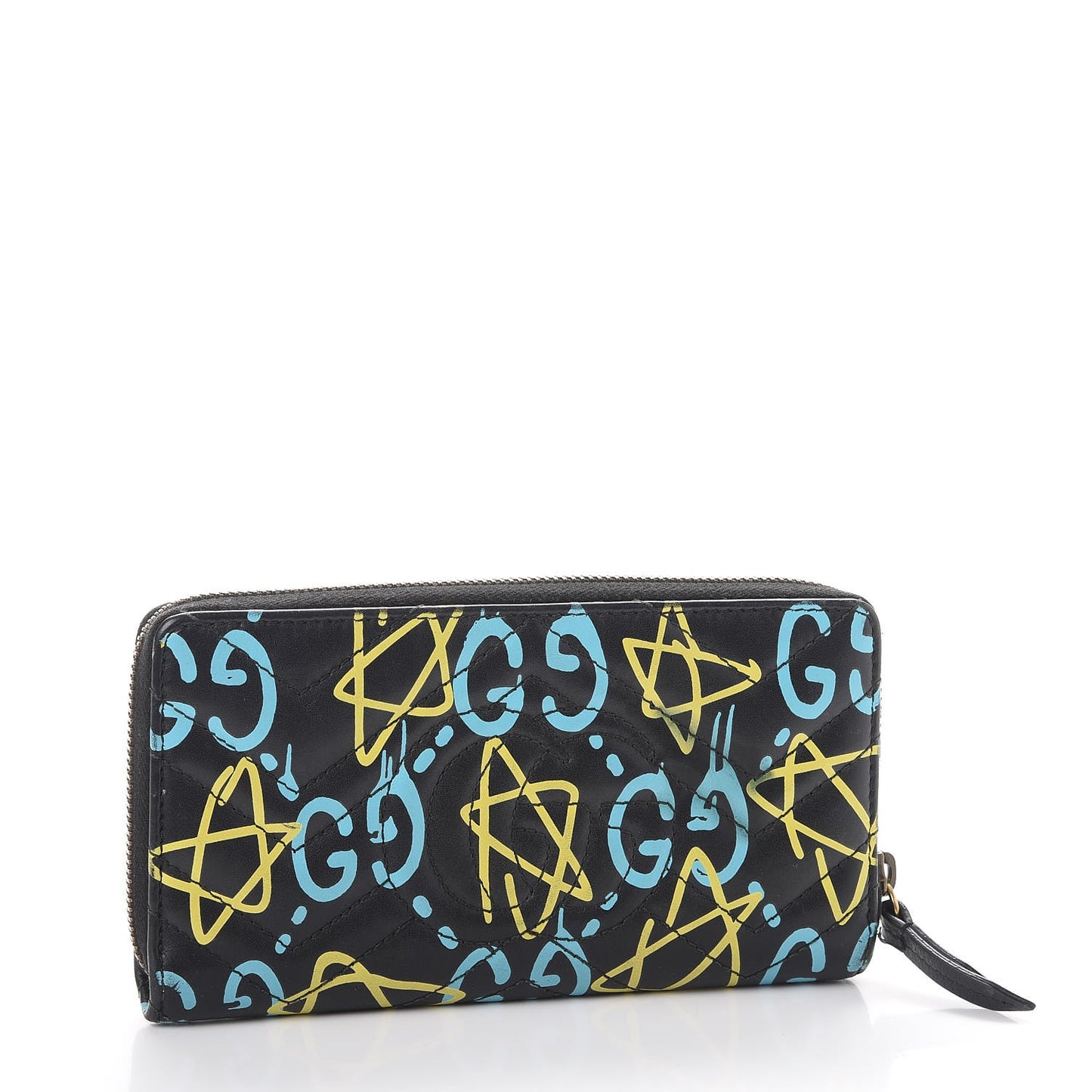 Calfskin Matelasse GucciGhost GG Marmont Zip Around Wallet Black New Acquamarine