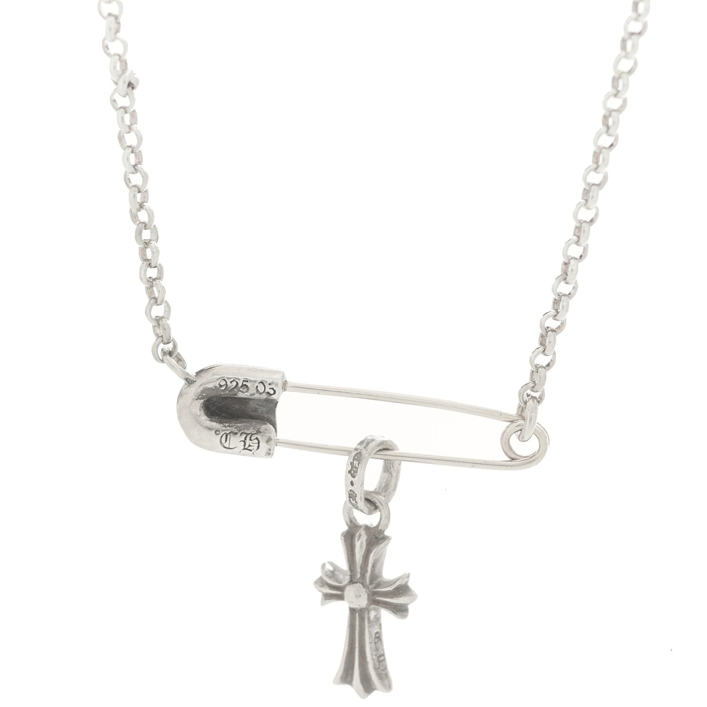Sterling Silver Safety Pin Baby Fat Cross Pendant Necklace