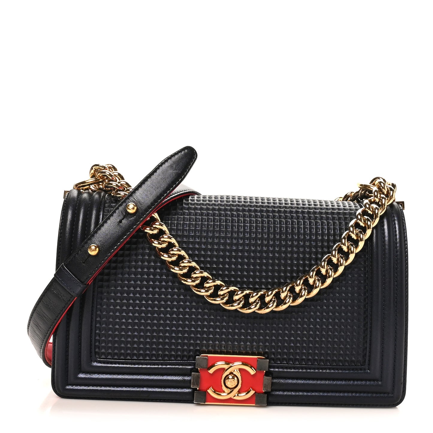Lambskin Embossed Medium Boy Cube Flap Navy