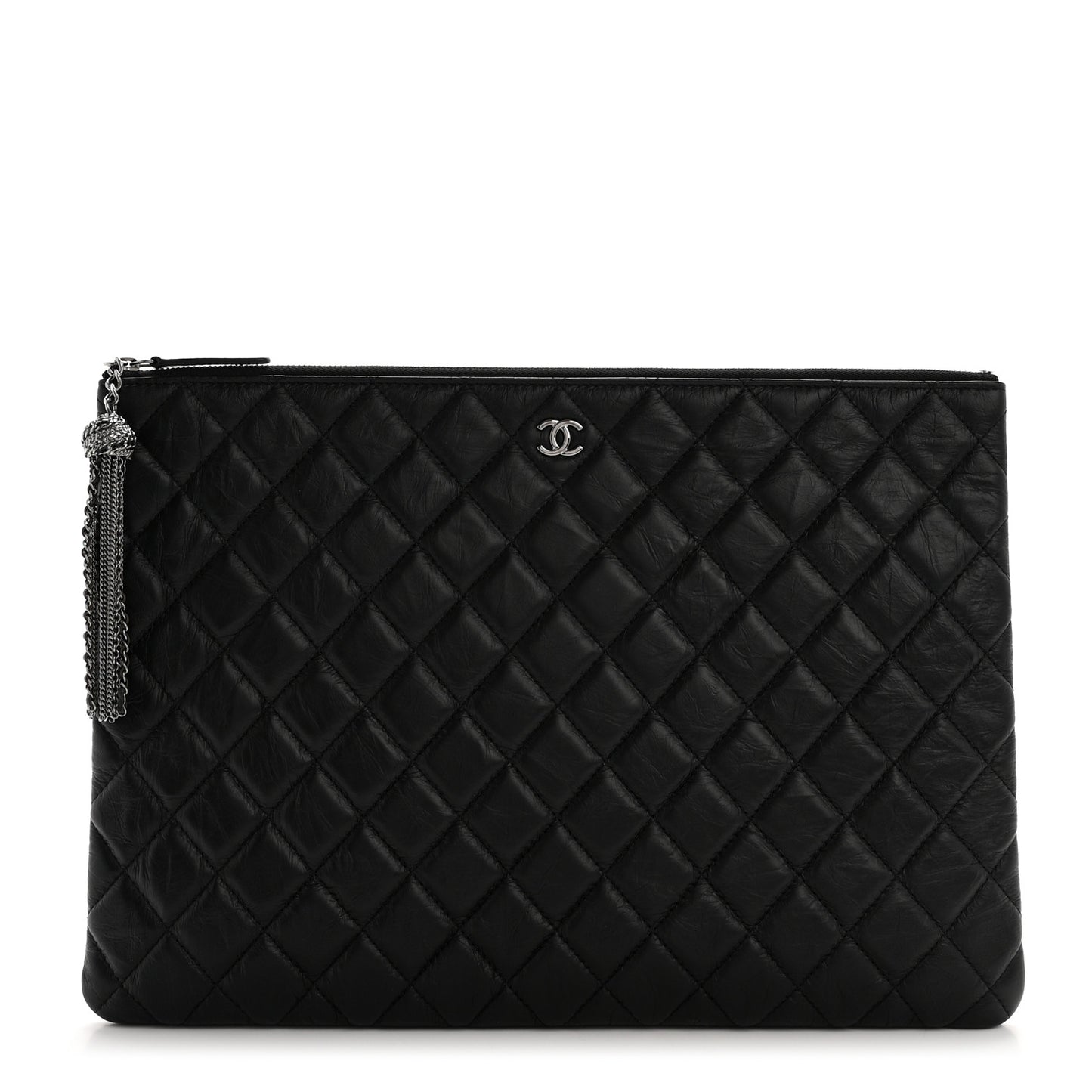 Aged Calfskin Quilted Large Tassel Cosmetic Case Black
