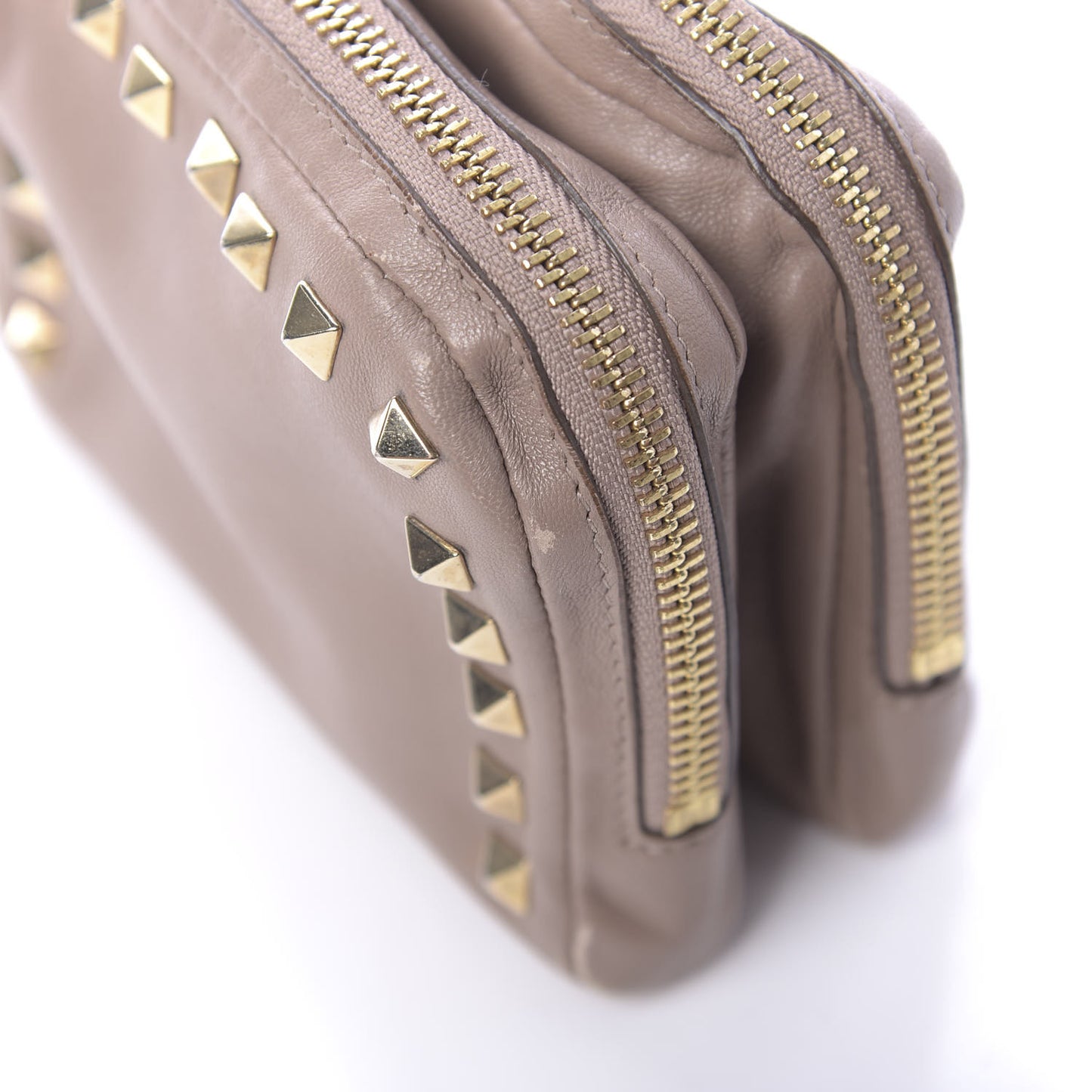 Vitello Rockstud Double Zip Compartment Clutch Wristlet Bag Poudre