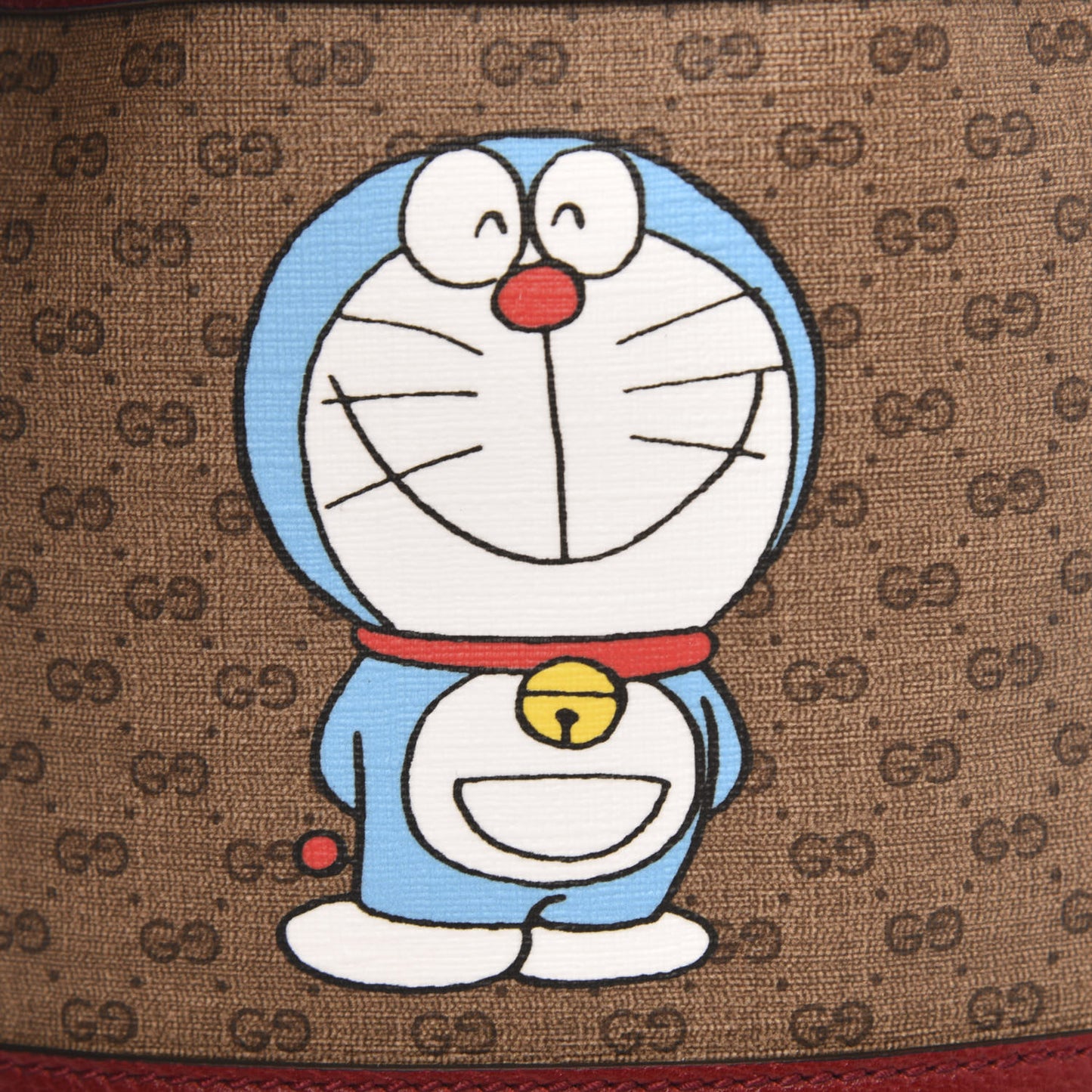 X DORAEMON Mini Vintage GG Supreme Monogram Textured Dollar Calfskin Mini Bucket Bag Beige Ebony Multicolor New Cherry Red