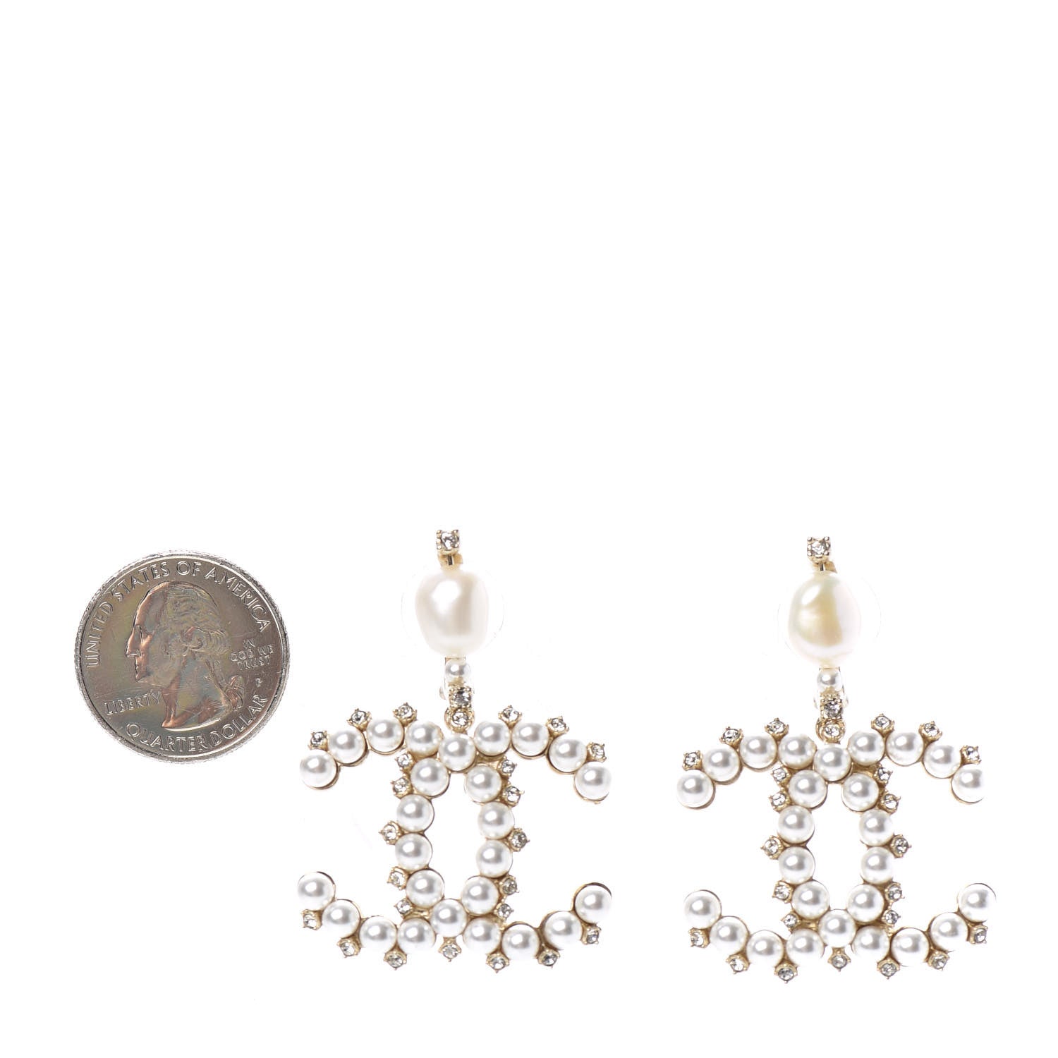 Chanel Crystal Pearl CC Drop Earrings Gold 2 of 4