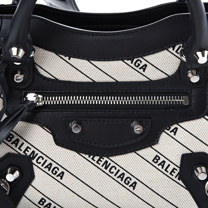 Balenciaga Canvas Satin Calfskin Diagonal Allover Logo Print Classic Silver Hardware Mini City Natural Black 7 of 9