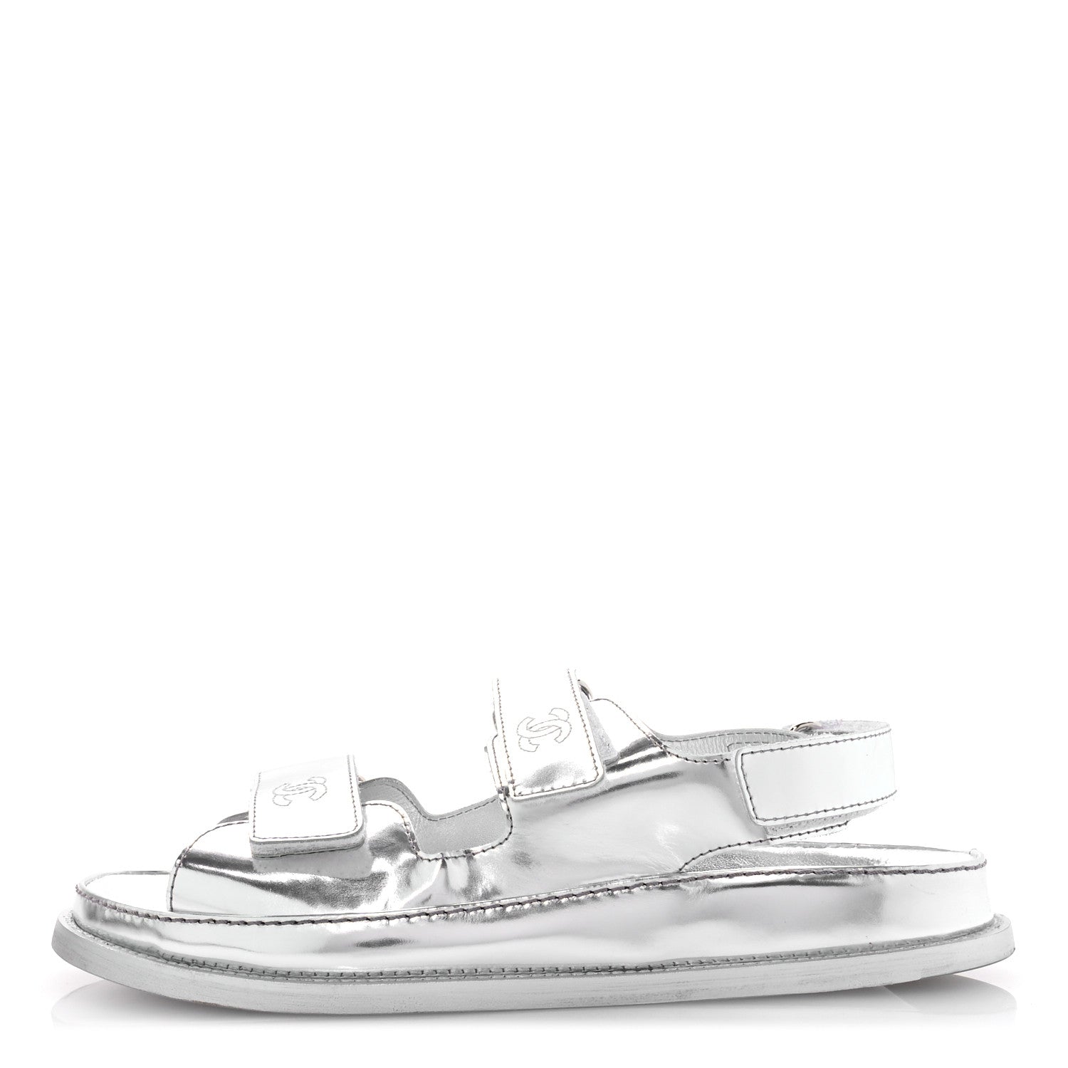 Chanel Iridescent Patent Calfskin Velcro Dad Sandals 39 Silver 1 of 9