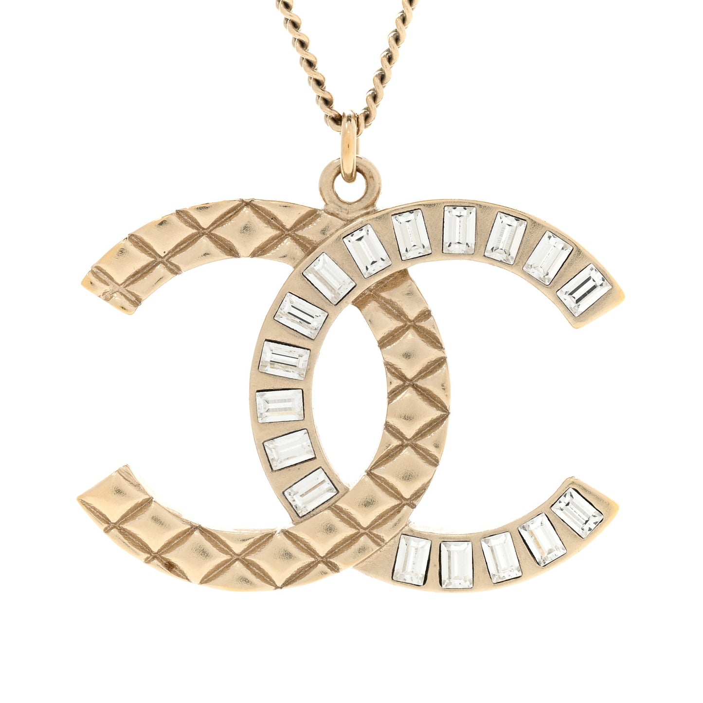 Baguette Crystal Quilted CC Pendant Necklace Gold