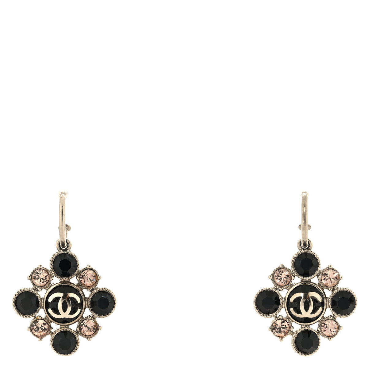 Chanel Crystal CC Flower Drop Earrings Silver Black Pink 1 of 4