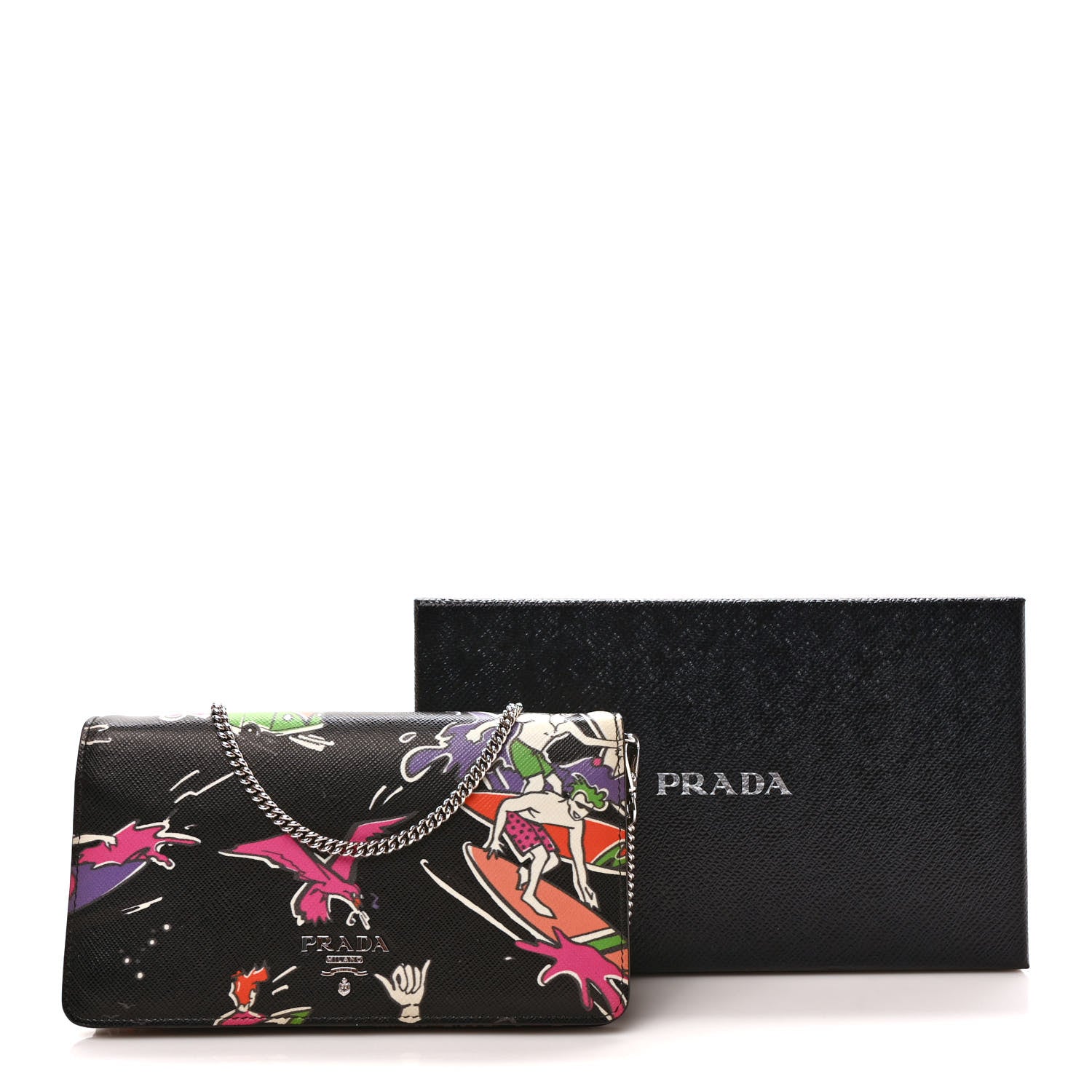 Prada Saffiano Surfing Print Chain Wallet Black Multicolor 9 of 9