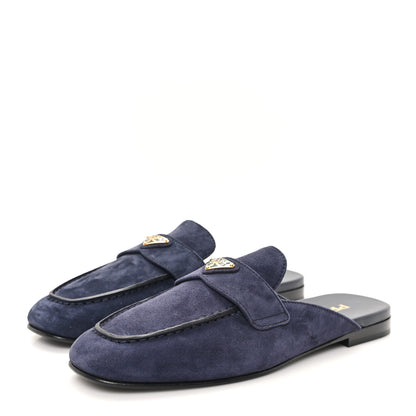 Prada Suede Metal Triangle Logo 10mm Loafer Mules 37 Bleu 4 of 9