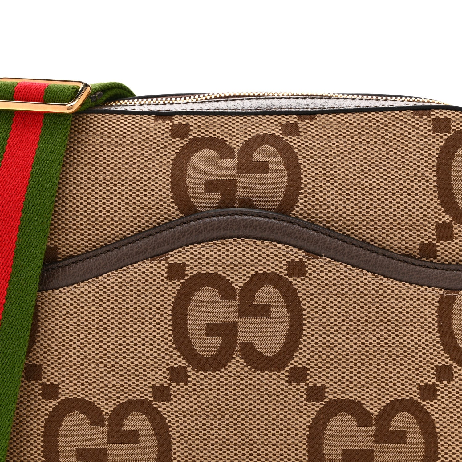 Gucci Monogram Jumbo GG Textured Dollar Calfskin Web Messenger Shoulder Bag Camel Ebony New Acero 9 of 11
