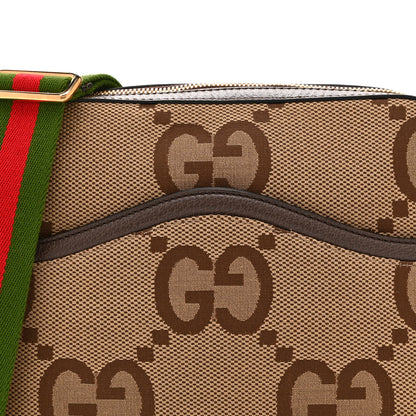 Gucci Monogram Jumbo GG Textured Dollar Calfskin Web Messenger Shoulder Bag Camel Ebony New Acero 9 of 11