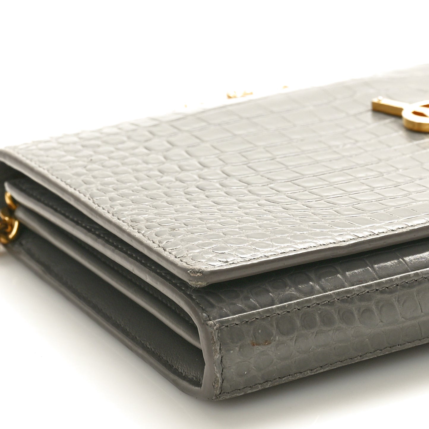 Calfskin Crocodile Embossed Monogram Chain Wallet Fog