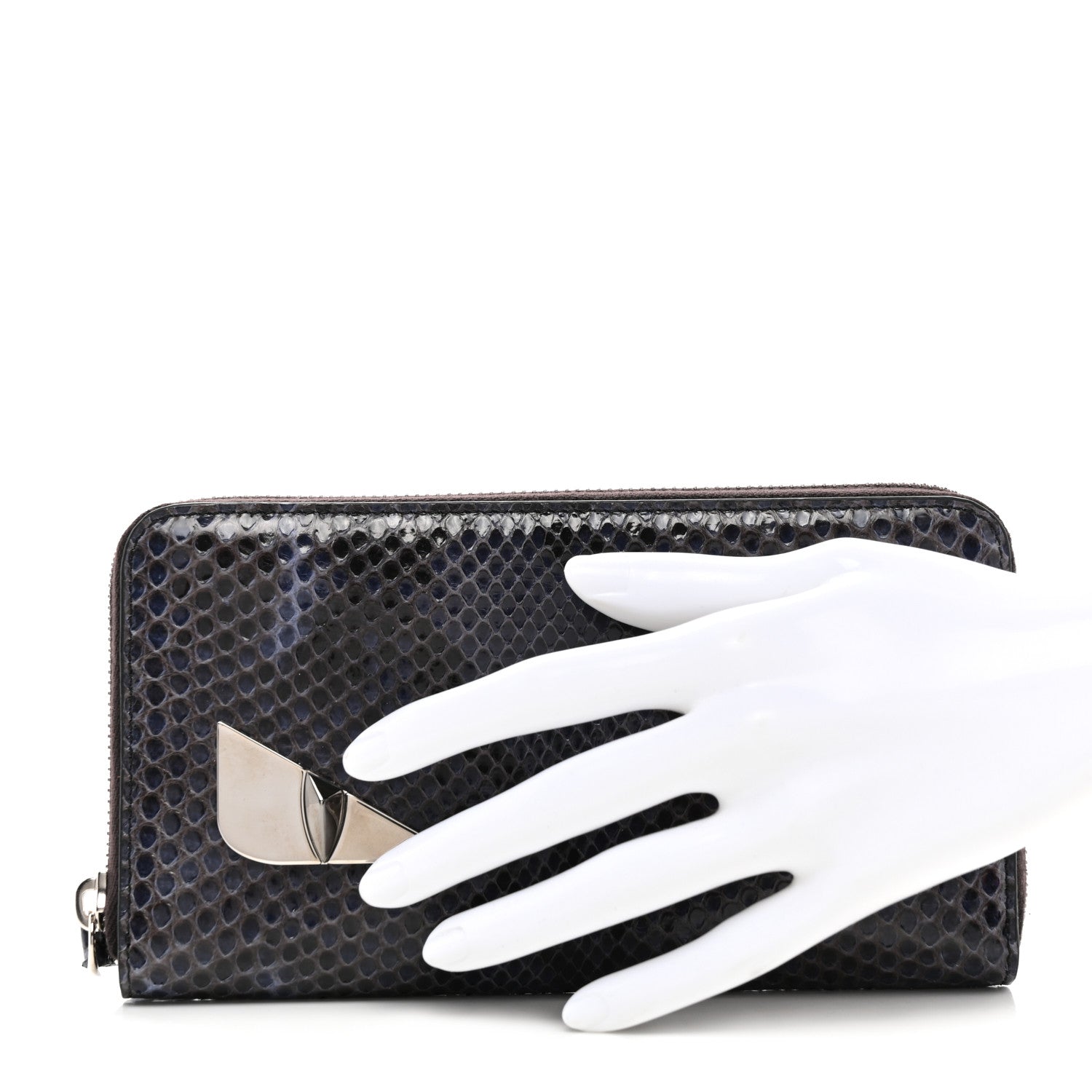 Fendi Snakeskin Metal Monster Eyes Zip Around Wallet Navy 2 of 12