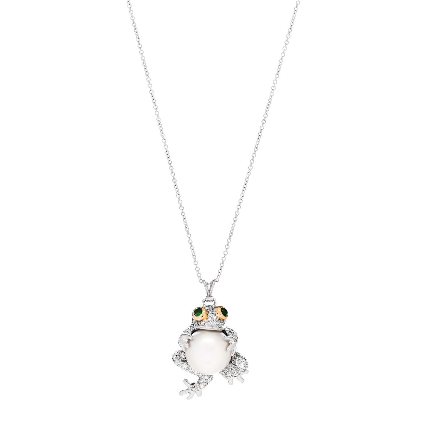 Platinum 18K White Yellow Gold Pearl Diamond Frog Necklace