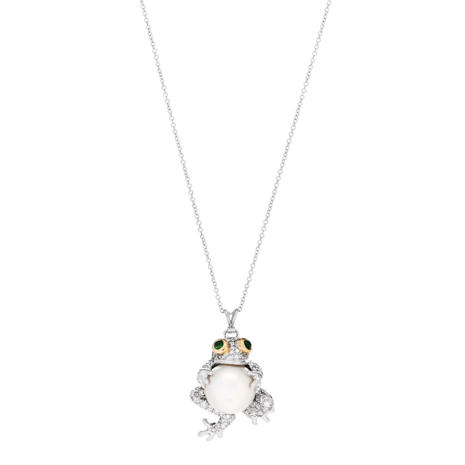 Tiffany Platinum 18K White Yellow Gold Pearl Diamond Frog Necklace 1 of 7
