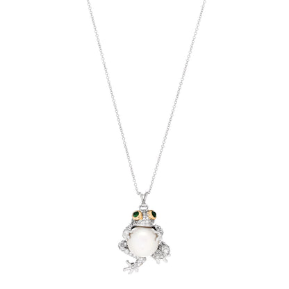 Tiffany Platinum 18K White Yellow Gold Pearl Diamond Frog Necklace 1 of 7