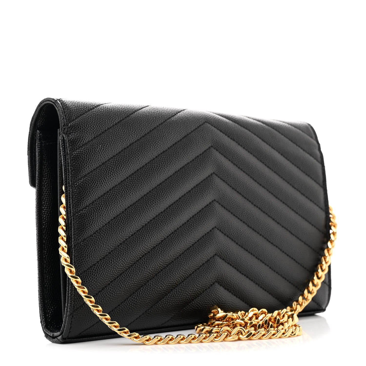 Saint Laurent Grain De Poudre Matelasse Chevron Monogram Chain Wallet Black 3 of 13
