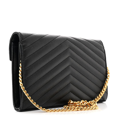 Saint Laurent Grain De Poudre Matelasse Chevron Monogram Chain Wallet Black 3 of 13