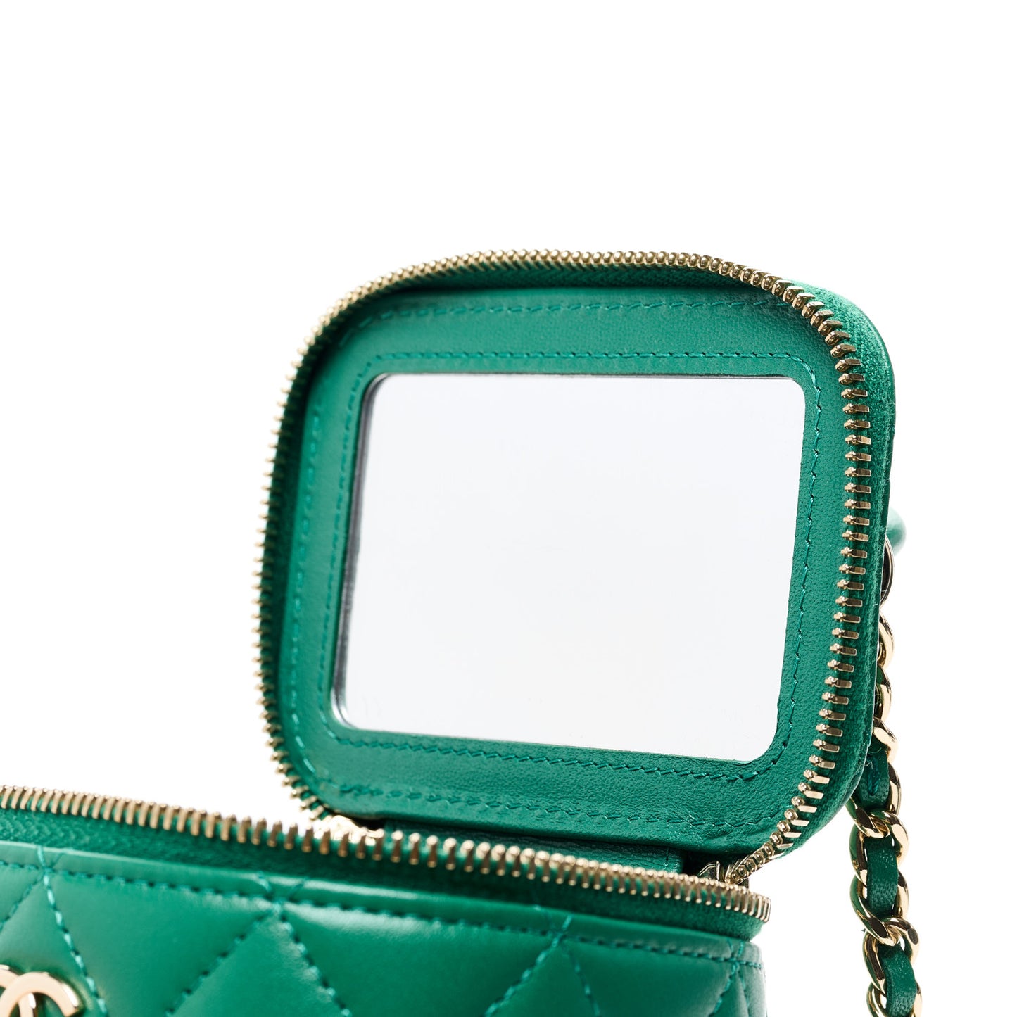 Lambskin Quilted Top Handle Mini Vanity Case With Chain Green