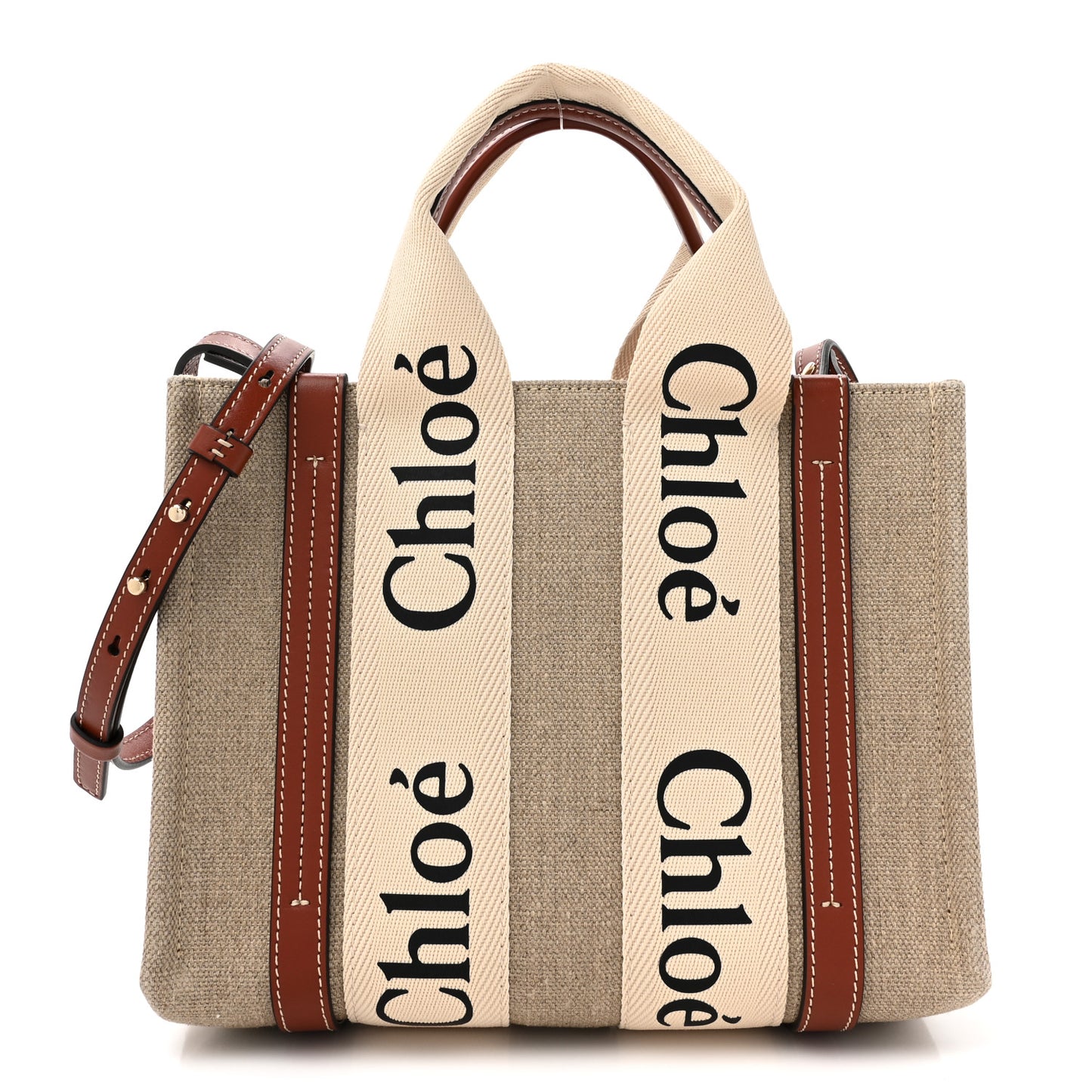 Linen Calfskin Small Woody Ribbon Tote With Strap White Brown