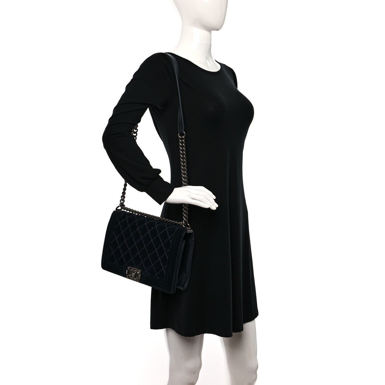 Chanel Velvet Tweed Quilted New Medium Boy Flap Dark Navy Blue 3 of 17