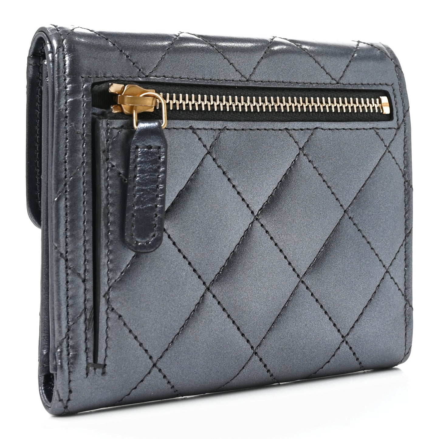 Iridescent Lambskin Quilted Compact Flap Navy