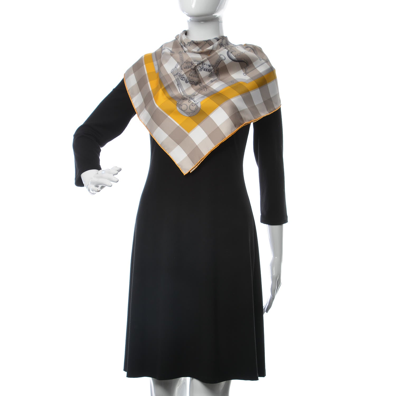 Hermes Silk Mors et Gourmettes Vichy Scarf 90 Etoupe Jaune Vif White 2 of 4