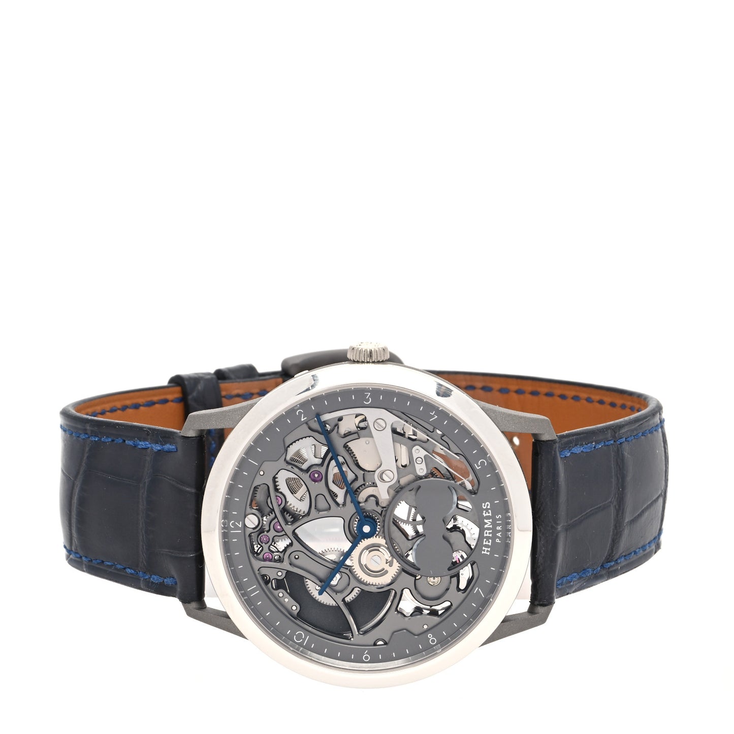 Platinum Titanium Alligator 39.5mm Slim d'Hermes Squelette Lune Automatic Watch Graphite