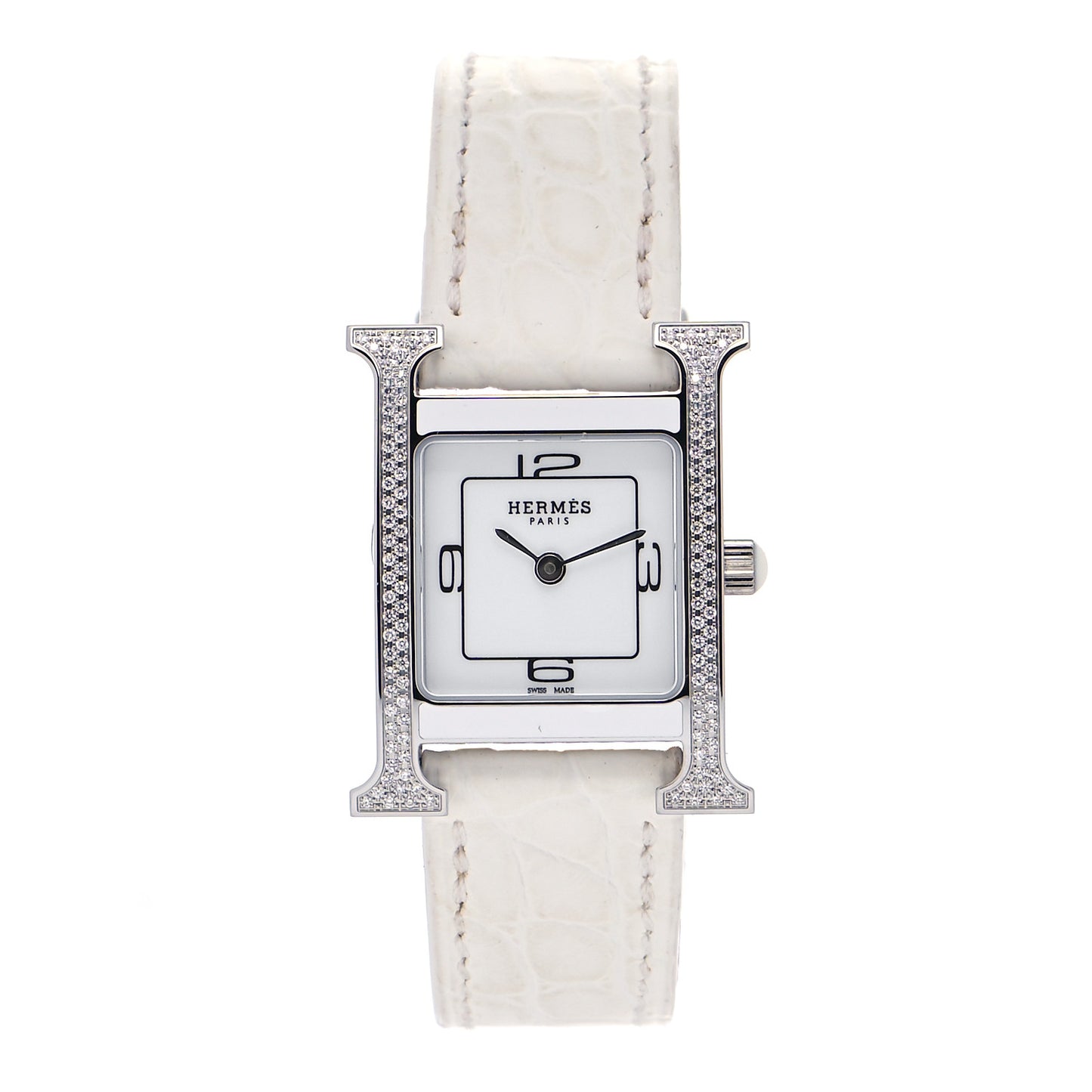 Stainless Steel Alligator Diamond Lacquer 21mm Heure H Hour Double Jeu Quartz Watch Blanc