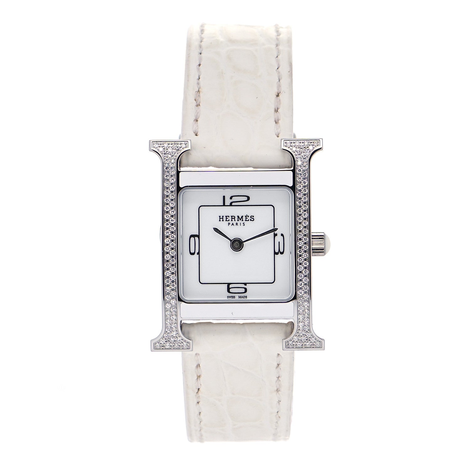 Hermes Stainless Steel Alligator Diamond Lacquer 21mm Heure H Hour Double Jeu Quartz Watch Blanc 1 of 7
