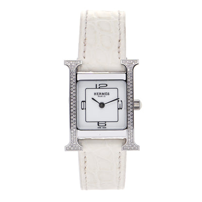 Hermes Stainless Steel Alligator Diamond Lacquer 21mm Heure H Hour Double Jeu Quartz Watch Blanc 1 of 7