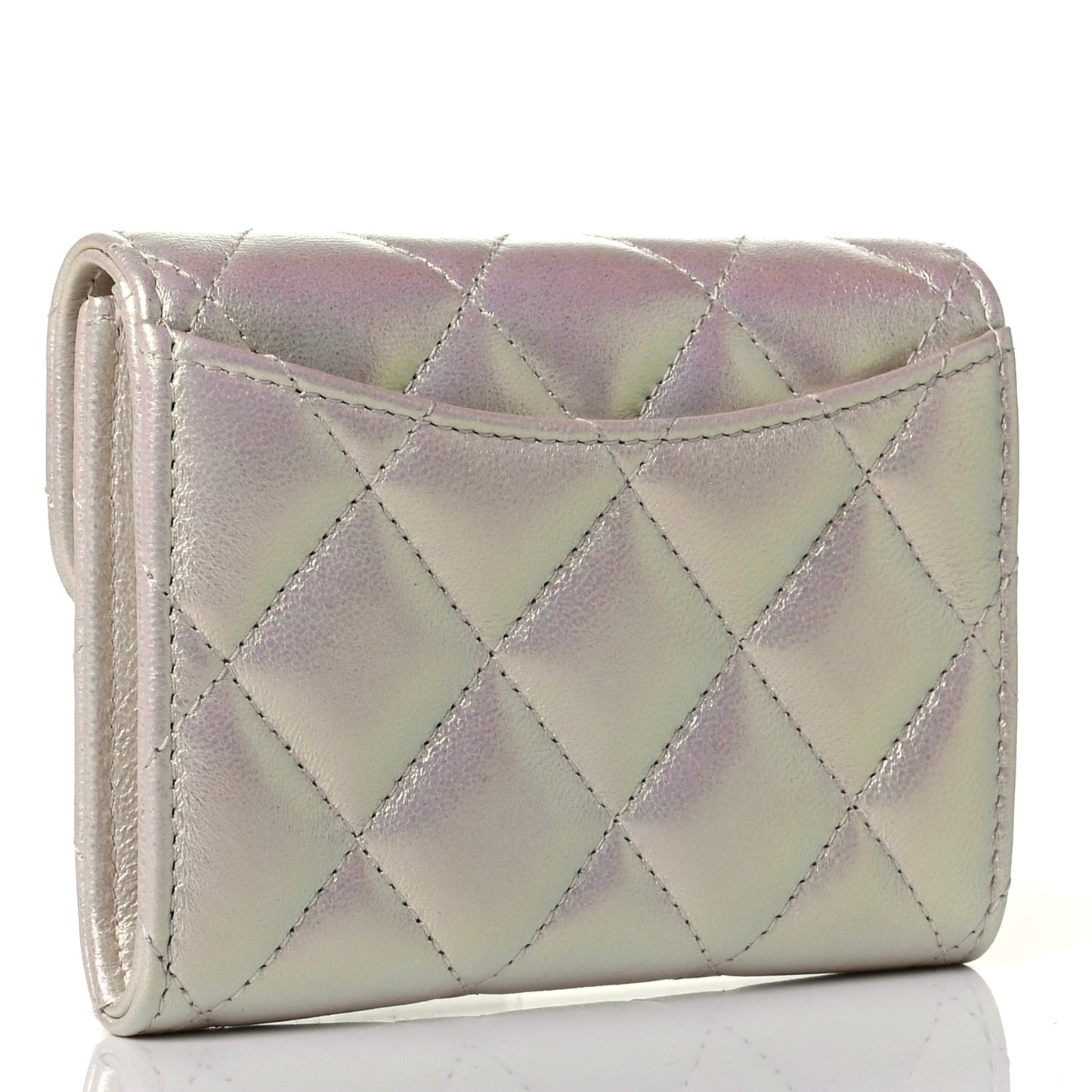 Iridescent Lambskin Quilted Flap Card Holder Wallet Ivory