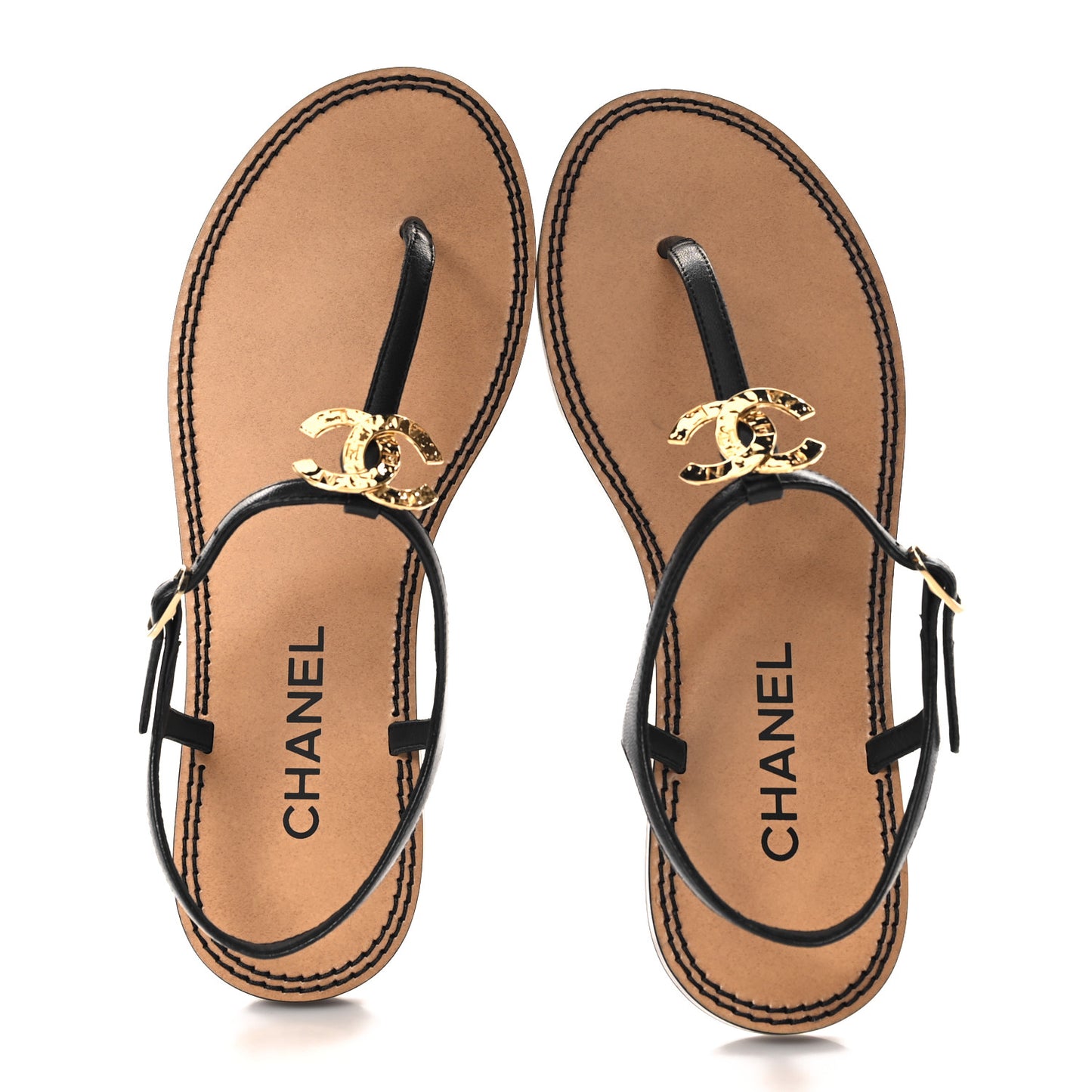 Lambskin CC Thong Sandals 38 Black Gold
