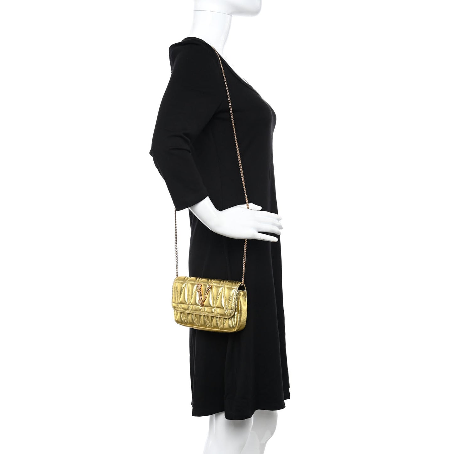 Metallic Vitello Quilted Virtus Mini Wallet Chain Crossbody Gold